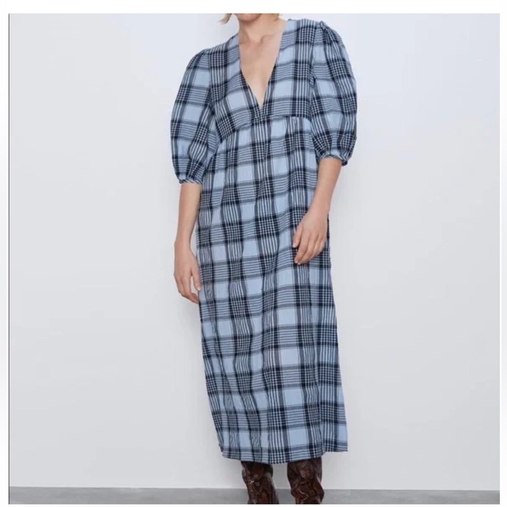Zara Blue Plaid Midi Cotton Dress - Picture 7 of 12